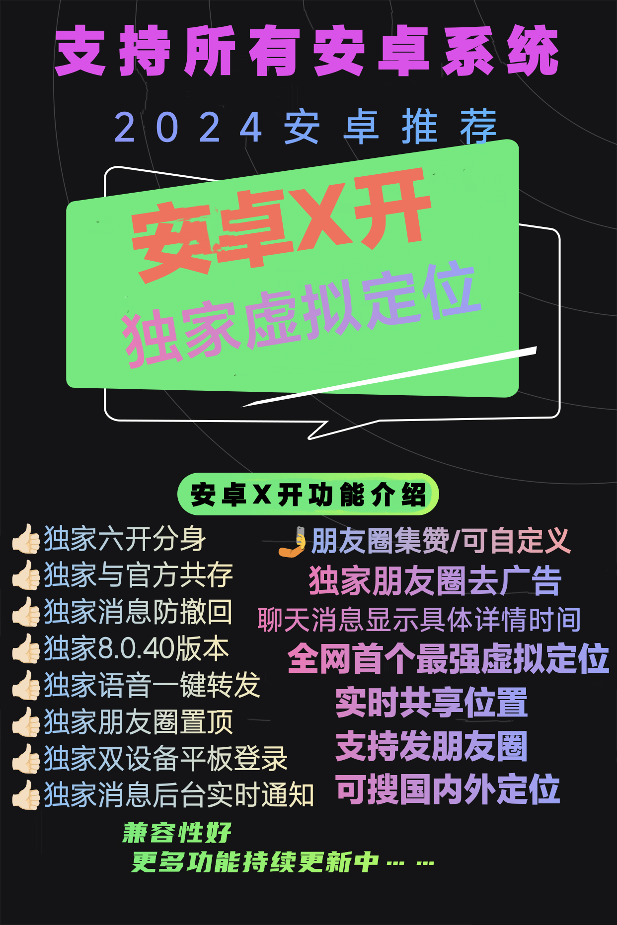 【安卓XX微信分身授权码支持虚拟定位】支持所有安卓系统  安卓X开功能介绍功能在，微信设置☞插件点击下就有